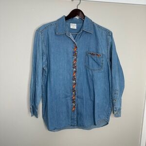 Style Studio Women's 1X Denim‎ Shirt Embroidered Long Sleeve Button Up Cotton